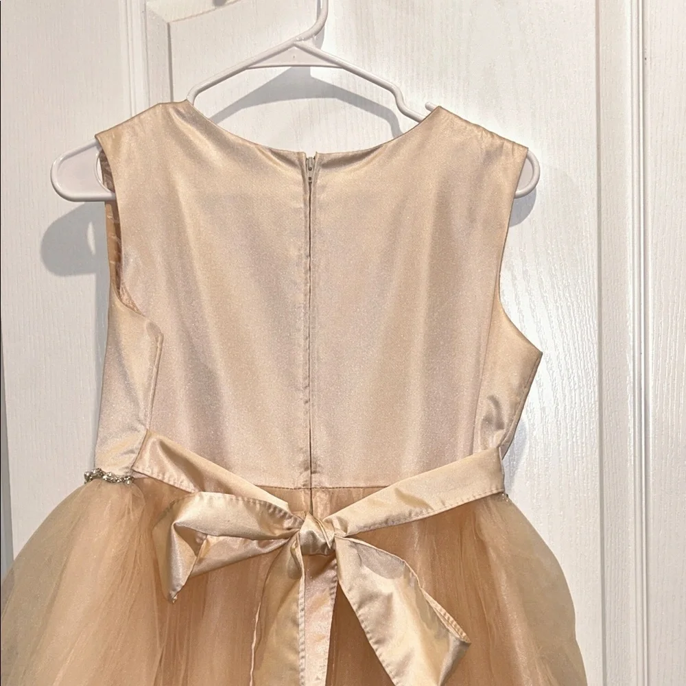 Kid’s Dream Satin Top Girls Dress with Wavy Rhinestone & Pearl Trim, Size 18.5